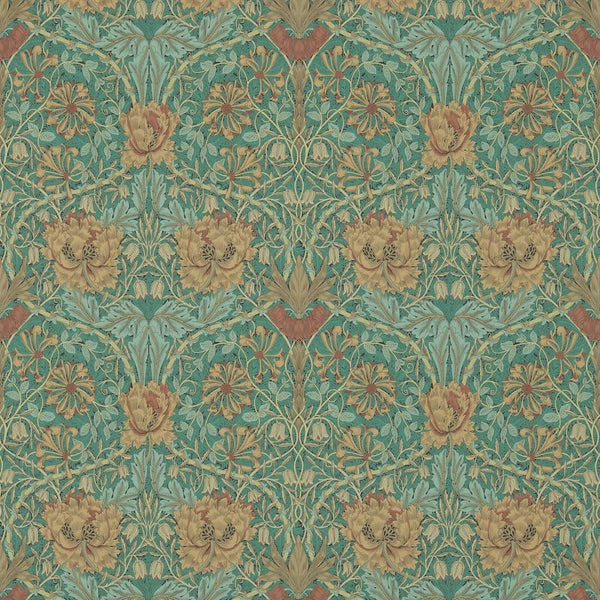 Honeysuckle & Tulip Wallpaper Russet Emerald | William Morris