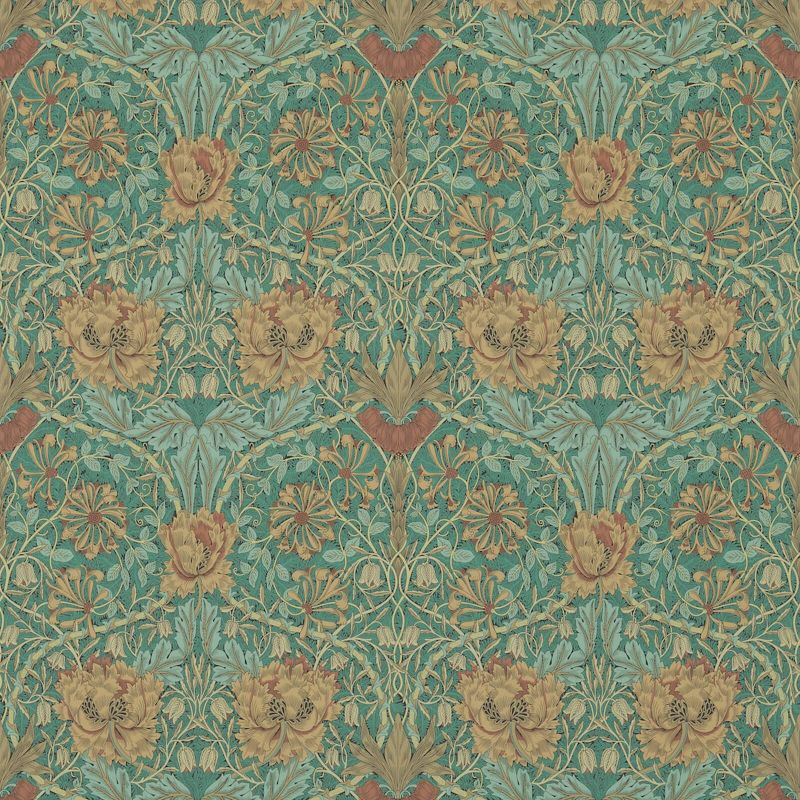 Honeysuckle & Tulip Wallpaper Russet Emerald | William Morris