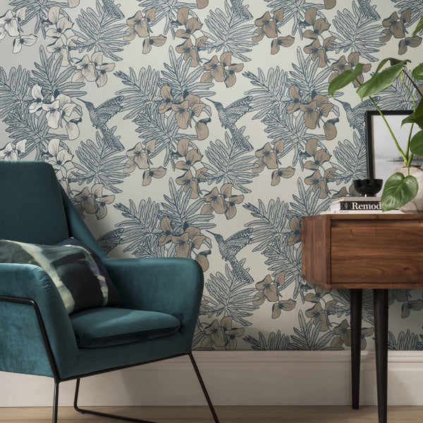 Hummingbird Lagoon - Blue Wallcovering | 1838 Wallcoverings