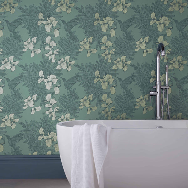 Hummingbird Seafoam - Teal Wallcovering | 1838 Wallcoverings