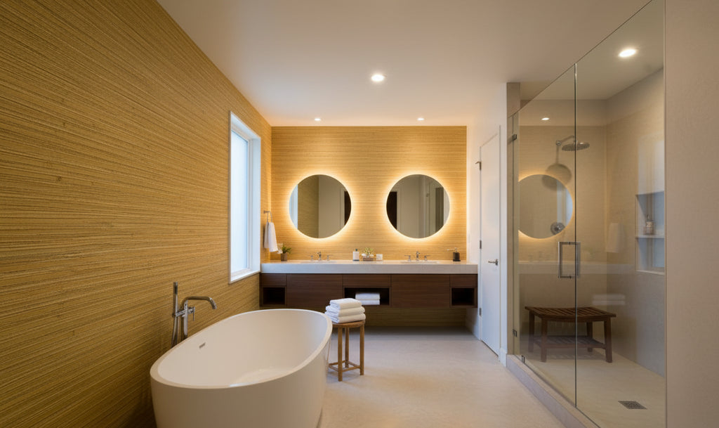 Kaluhee Grasscloth | Phillipe Romano - bathroom room setting
