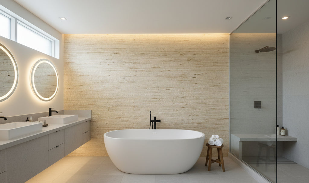 Kaopapa Striated Grasscloth | Phillipe Romano - bathroom room setting