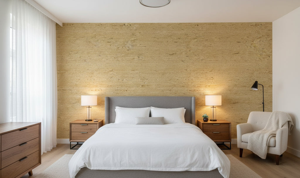 Kaopapa Striated Grasscloth | Phillipe Romano - bedroom room setting