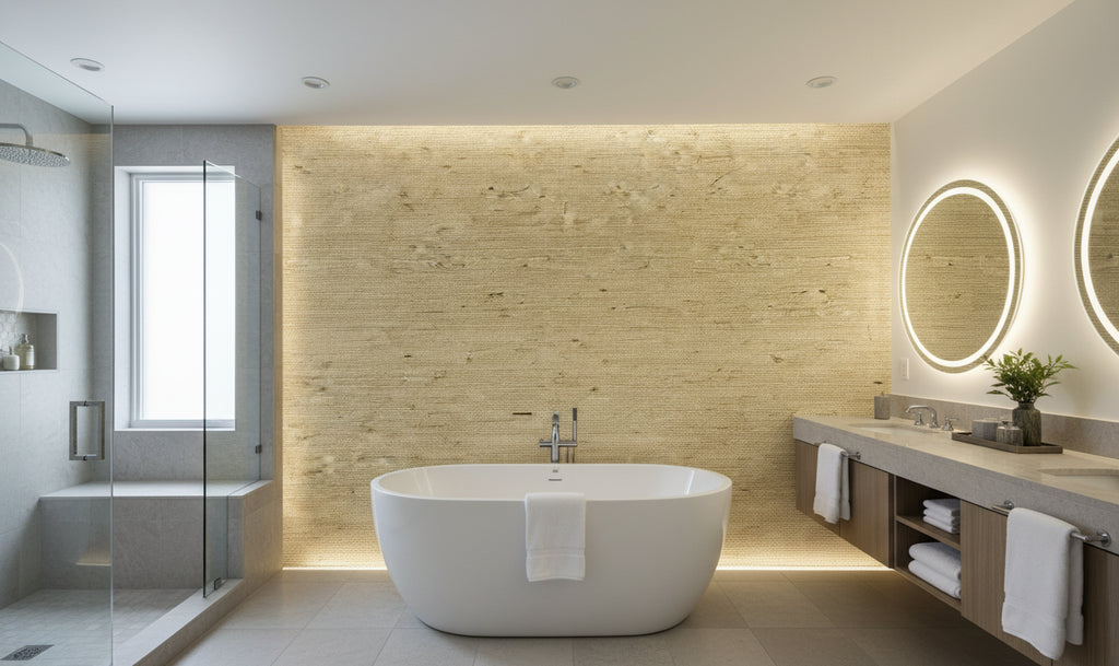 Kaopapa Striated Grasscloth | Phillipe Romano - bathroom room setting