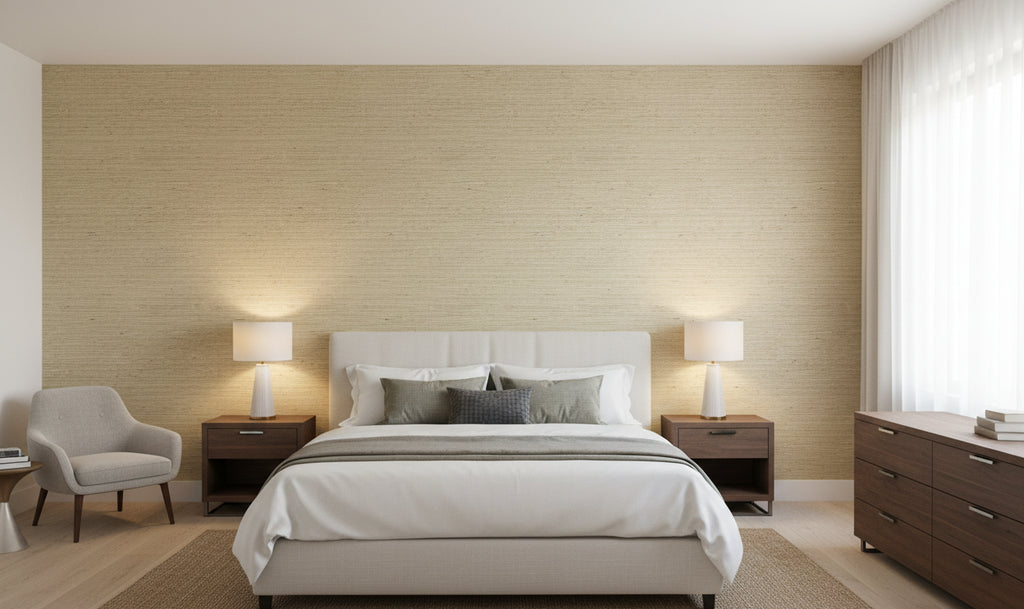 Kaopapa Striated Grasscloth | Phillipe Romano - bedroom room setting