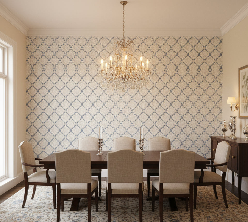Kashmira Indigo | Baker Lifestyle - dining room room setting