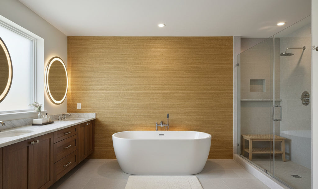 Kipa Tight Woven Grasscloth | Phillipe Romano - bathroom room setting