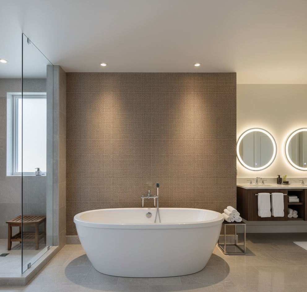 La Halelua Grasscloth | Phillipe Romano - bathroom room setting