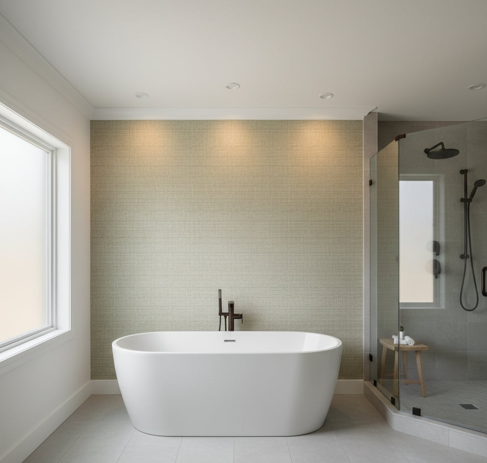 La Halelua Grasscloth | Phillipe Romano - bathroom room setting