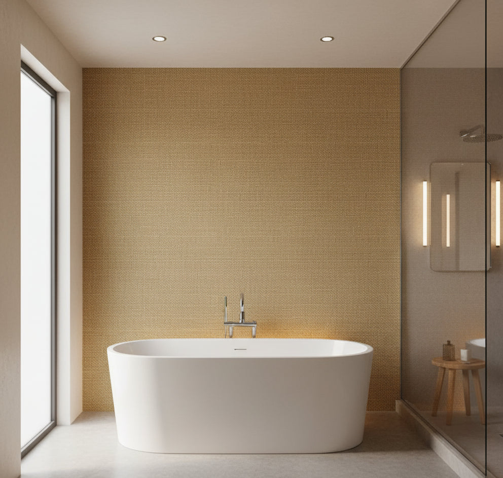 La Halelua Grasscloth | Phillipe Romano - bathroom room setting