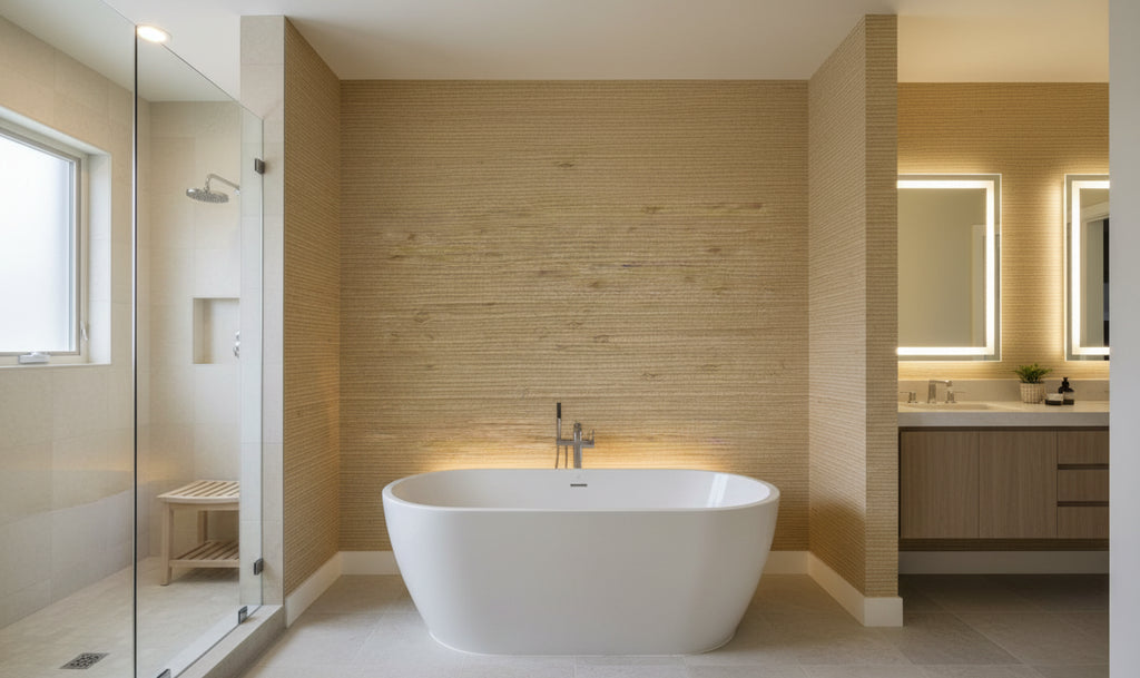 Lahana Classic Grasscloth | Phillipe Romano - bathroom room setting