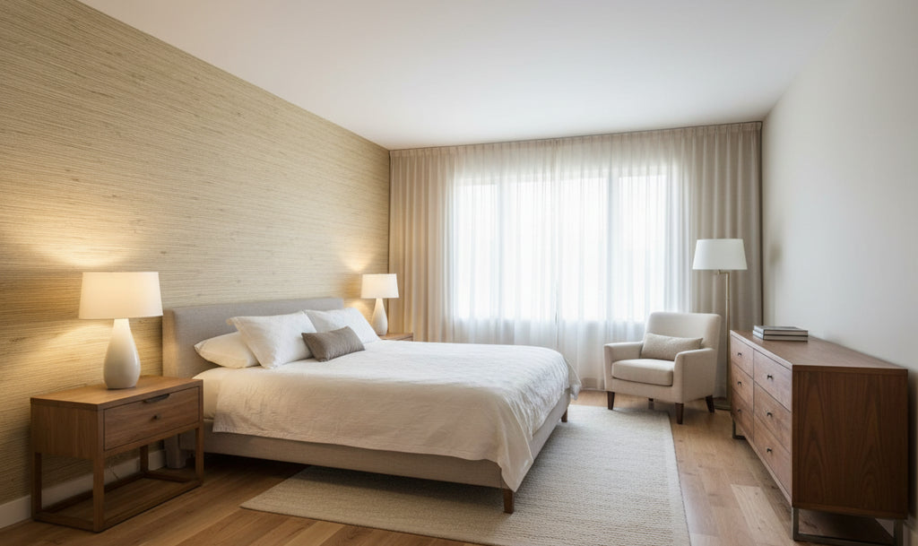 Lahana Classic Grasscloth | Phillipe Romano - bedroom room setting