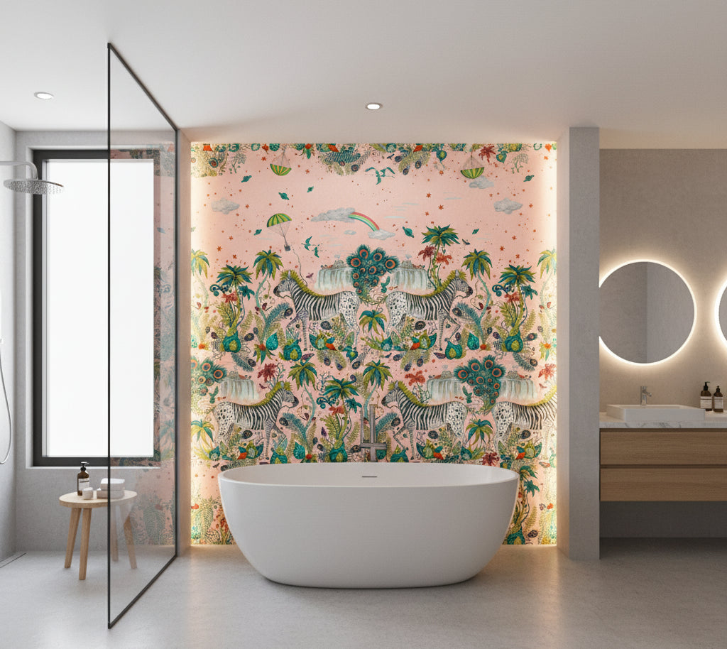 Lost Adventure Quartz Wp | Clarke and Clarke - bathroom room setting
