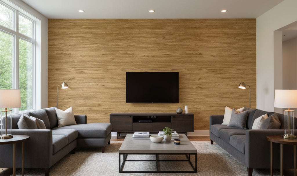 Mahikea Classic Grasscloth | Phillipe Romano - living room room setting