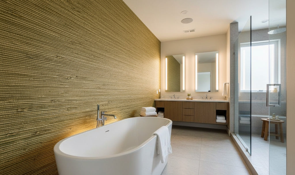 Mahikea Classic Grasscloth | Phillipe Romano - bathroom room setting