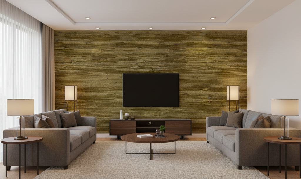 Mahikea Classic Grasscloth | Phillipe Romano - living room room setting