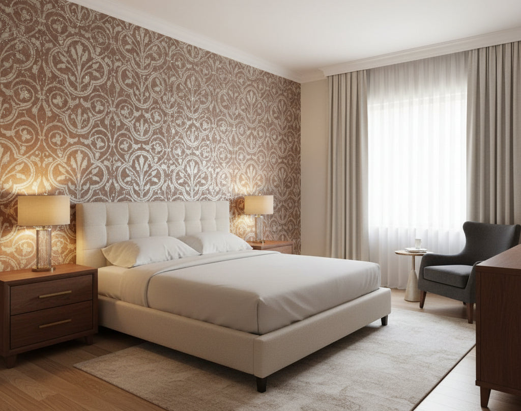 Medici Real Cork Damask | Phillipe Romano - bedroom room setting