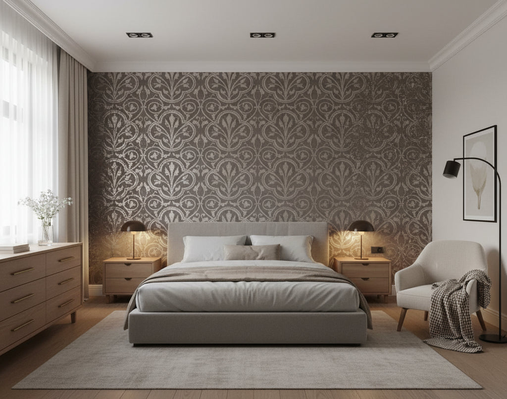 Medici Real Cork Damask | Phillipe Romano - bedroom room setting