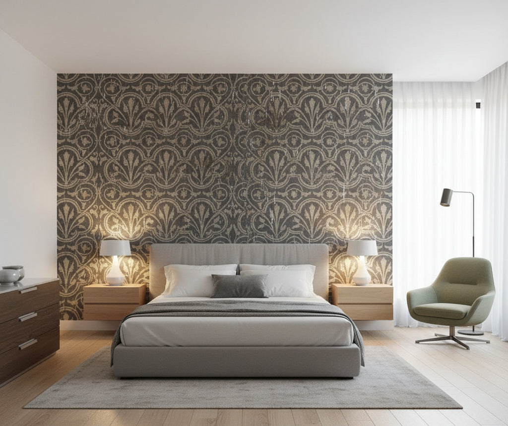 Medici Real Cork Damask | Phillipe Romano - bedroom room setting