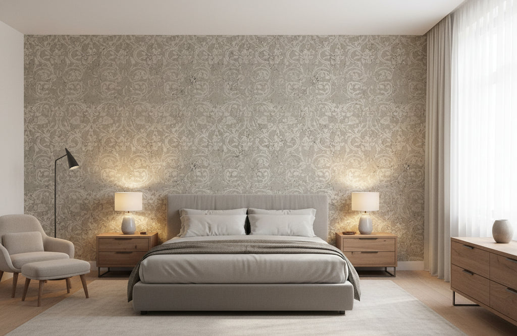 Medici Real Cork Damask | Phillipe Romano - bedroom room setting
