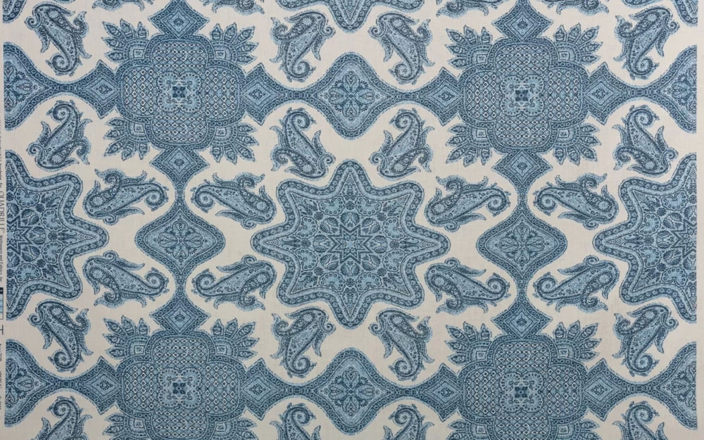 Medium Blues Cream Blotch on Cream Linen