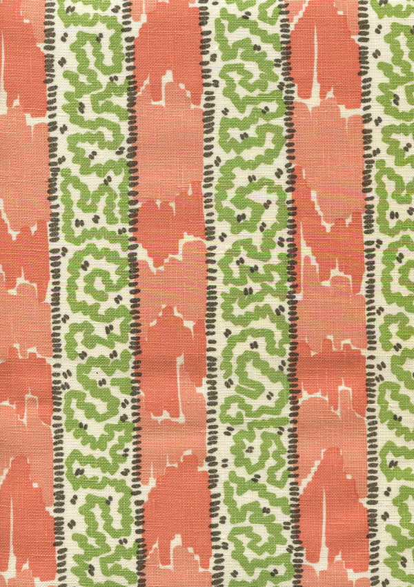 Bijou Stripe Melon Green Brown Screen Printed - Off-White Fabric | China Seas