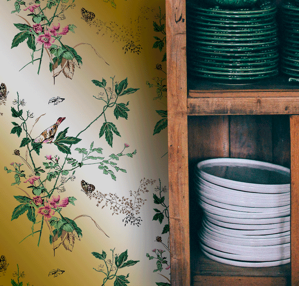 SPRINGFIELD 1950'S BIRD BRANCHES on Gold Mylar Wallcovering | DW Bespoke Studios