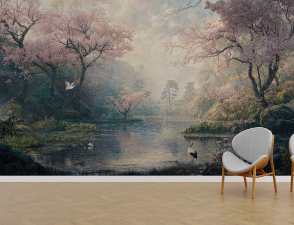Cranes in the Cherry Blossom Lake Japonisme | Architectural Wallcoverings