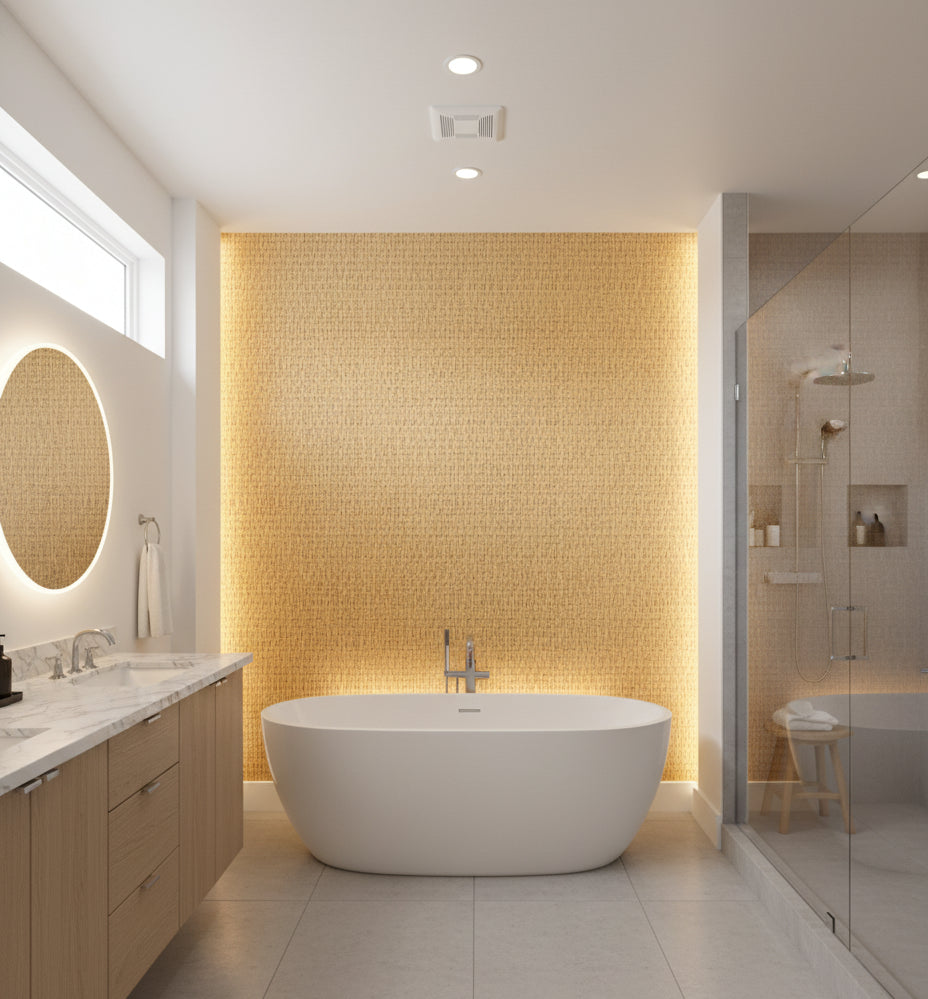 Modena Gold Basketweave Grasscloth Wallcovering | Fentucci - bathroom room setting