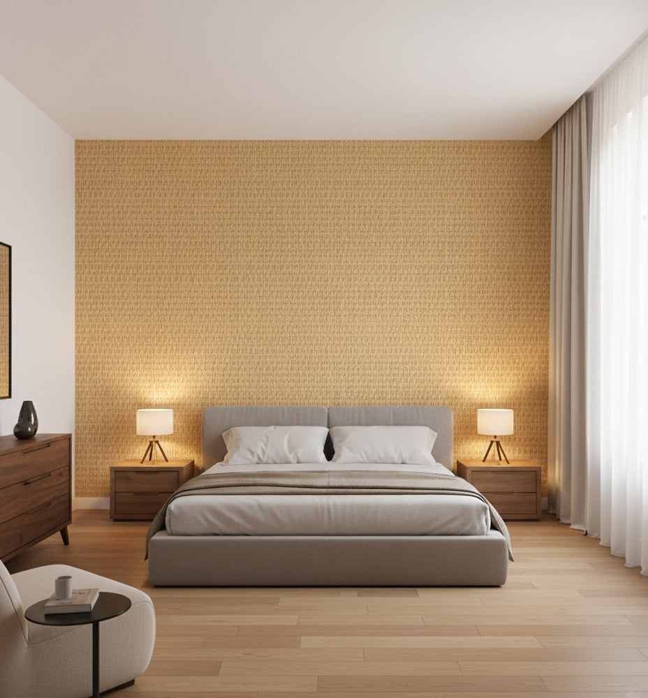 Modena Gold Basketweave Grasscloth Wallcovering | Fentucci - bedroom room setting