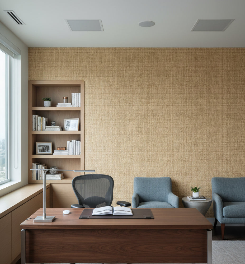 Modena Gold Basketweave Grasscloth Wallcovering | Fentucci - office room setting