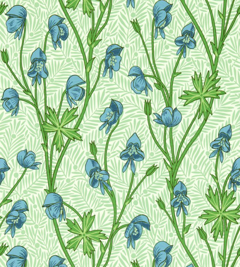 Monkshood Wallpaper Goblin-Green Cobalt | William Morris