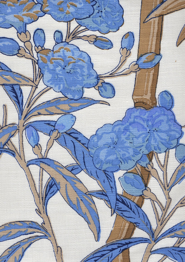 Enchanted Garden Bamboo, Multi Blues Taupe on White Linen Cotton