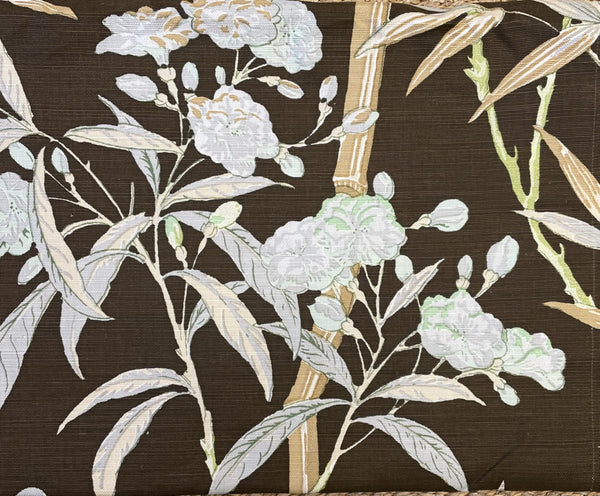 Enchanted Garden Bamboo, Multi Green Tan on Brown Linen Wallcoverings | Quadrille