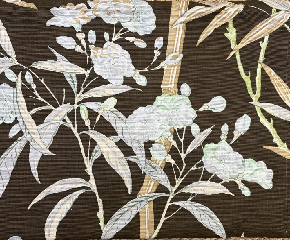 Enchanted Garden Bamboo, Multi Green Tan on Brown Linen