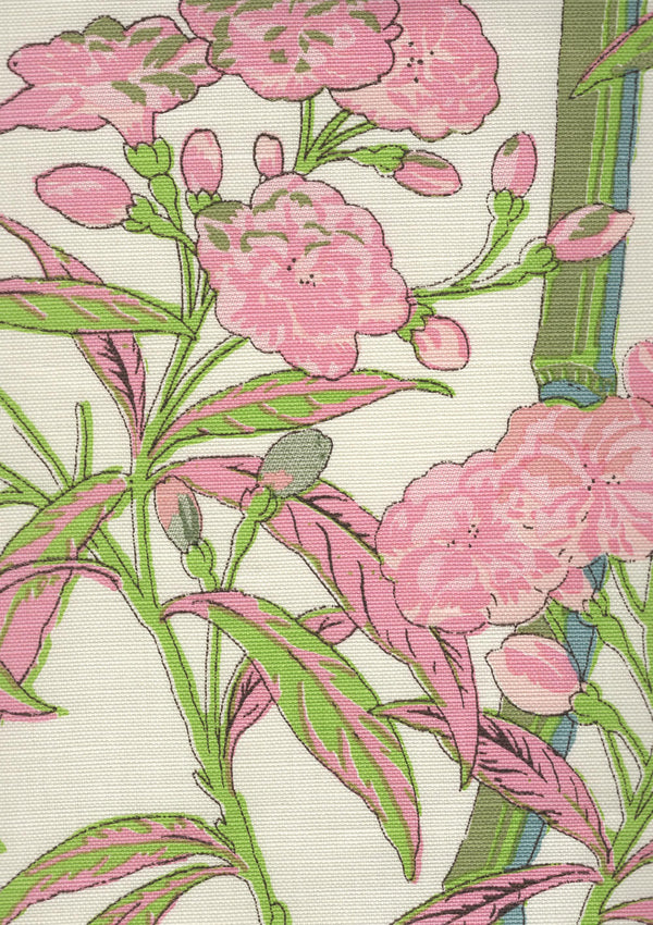 Enchanted Garden Bamboo, Multi Greens Pinks on Tinted Linen Cotton Wallcoverings | Quadrille