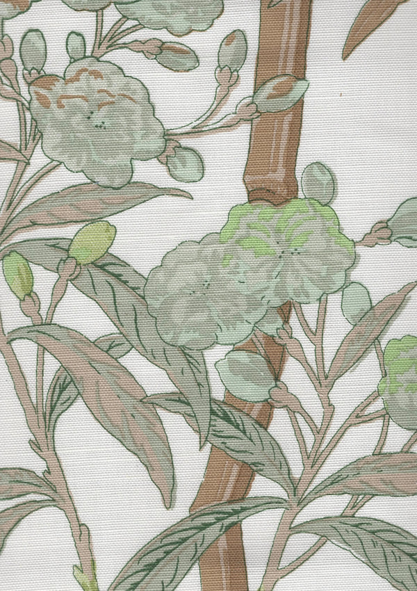 Enchanted Garden Bamboo, Multi Greens Taupe on White Linen Cotton Wallcoverings | Quadrille