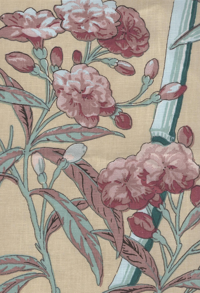 Enchanted Garden Bamboo, Multi Reds Silver Green on Beige Linen