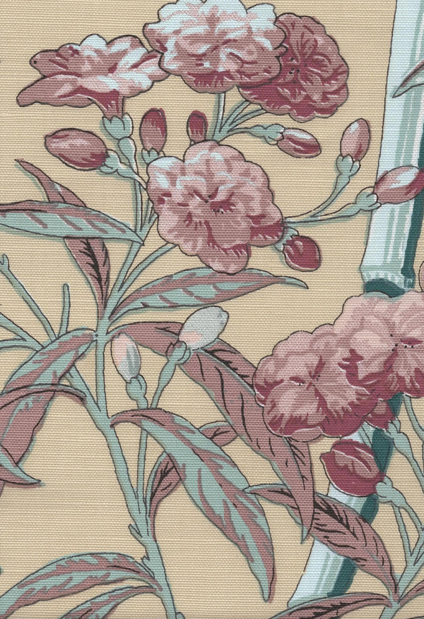 Enchanted Garden Bamboo, Multi Reds Slv Green on Beige Linen Cotton Wallcoverings | Quadrille