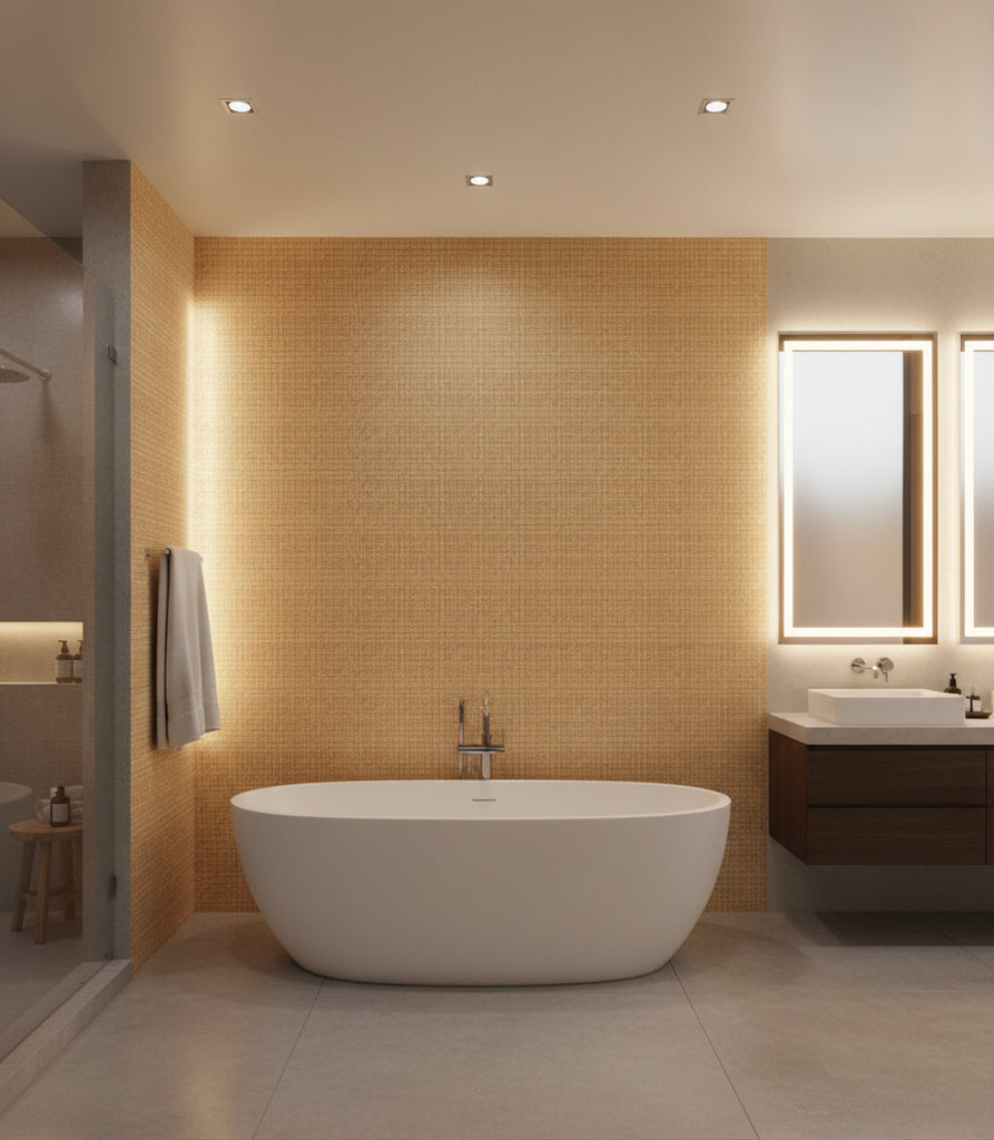 Napoli Caramel Basketweave Grasscloth Wallcovering | Fentucci - bathroom room setting