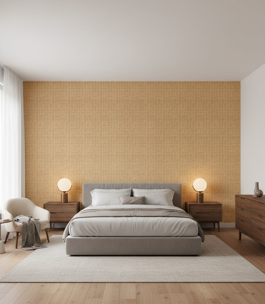 Napoli Caramel Basketweave Grasscloth Wallcovering | Fentucci - bedroom room setting