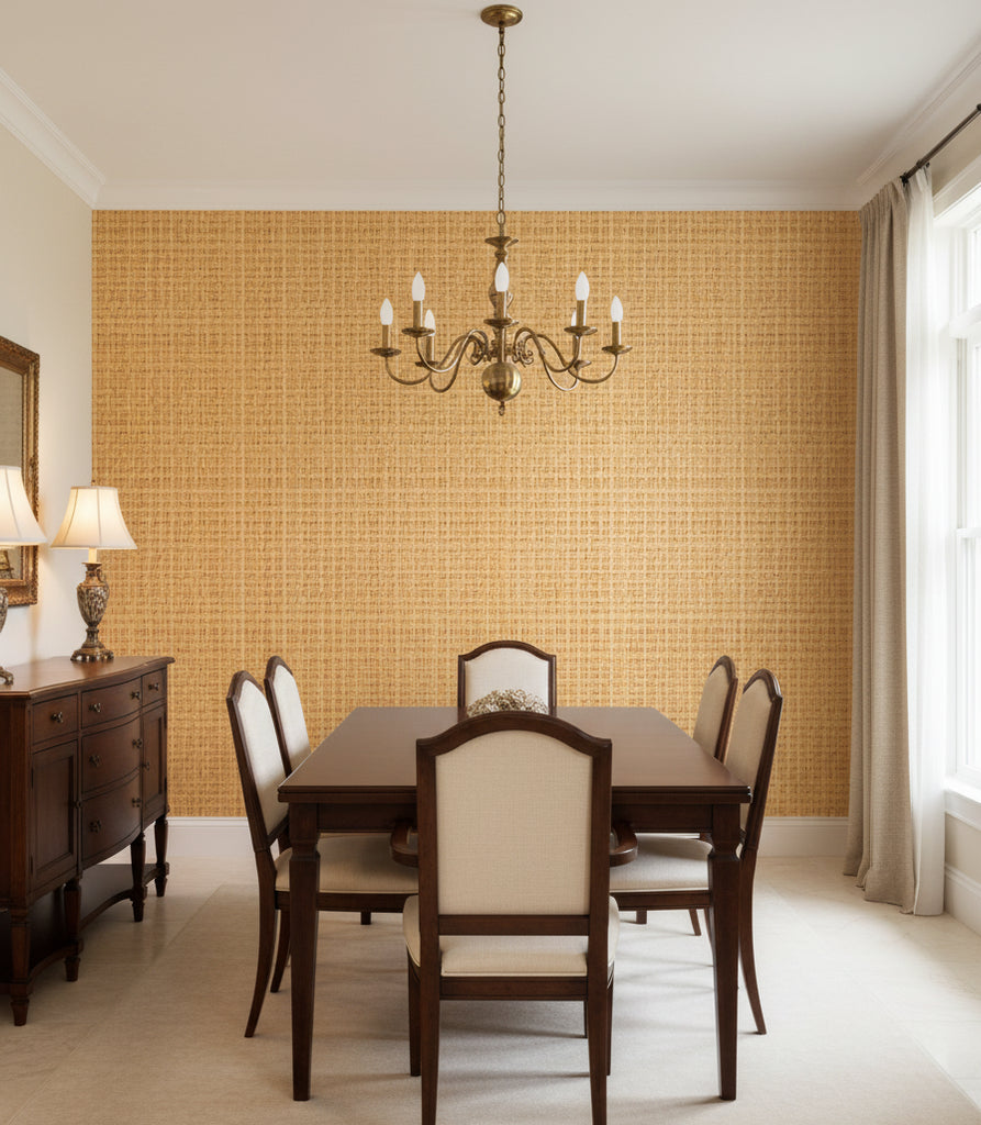 Napoli Caramel Basketweave Grasscloth Wallcovering | Fentucci - dining room room setting