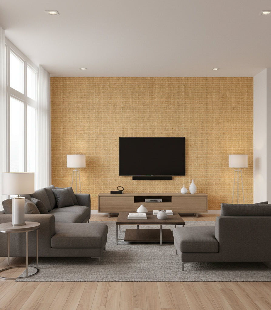 Napoli Caramel Basketweave Grasscloth Wallcovering | Fentucci - living room room setting