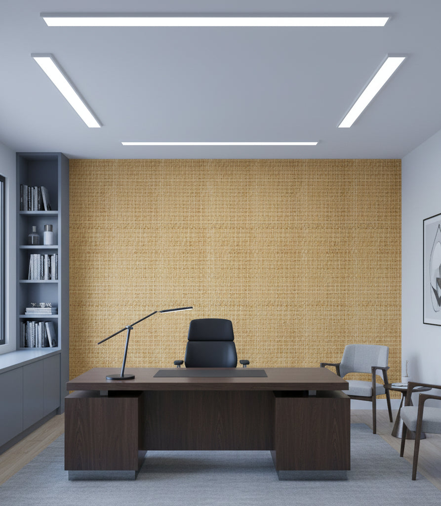 Napoli Caramel Basketweave Grasscloth Wallcovering | Fentucci - office room setting