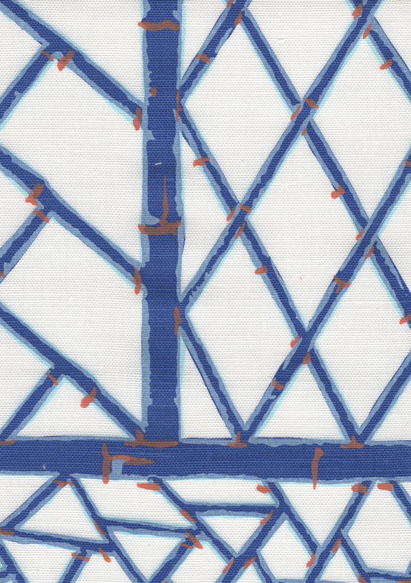 Lyford Trellis Navy New Blue Terracotta Screen Printed Fabric | China Seas
