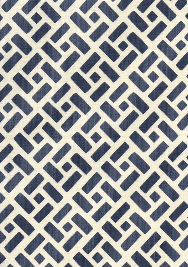 Edo Navy on Tinted Linen Screen Printed - White Fabric | China Seas