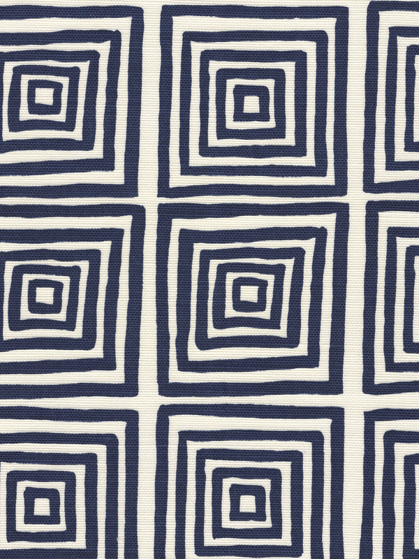 Ziggurat Navy on Tint Screen Printed - White Fabric | China Seas