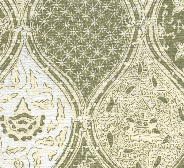 Balinese Batik New Green Cream on White Screen Printed Fabric | China Seas