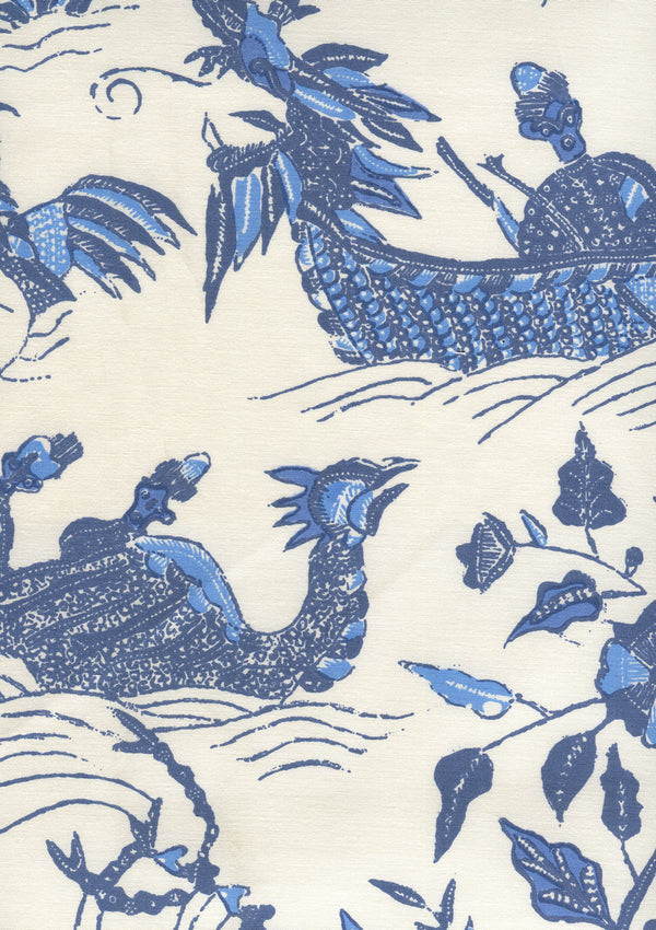 Tableau II New Navy Bali Blue on Cotton Sateen Screen Printed Fabric | China Seas