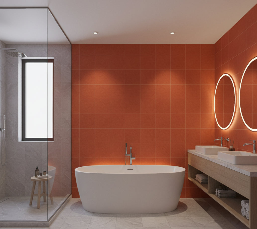Novasuede™ Fabric & Wallcovering - Fire - bathroom room setting